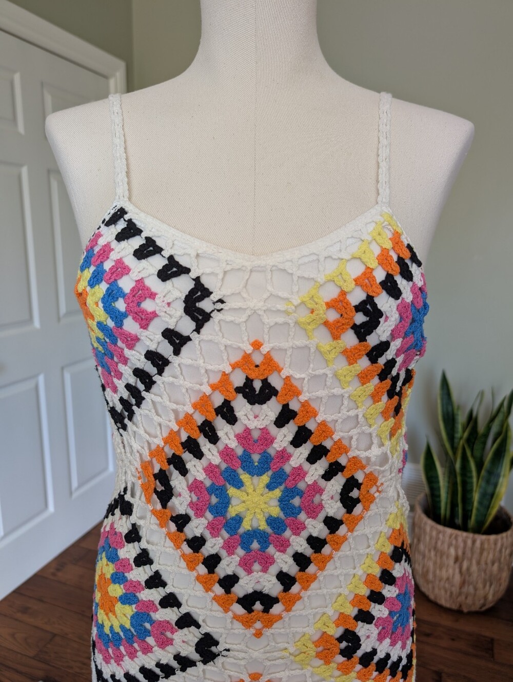 Crochet Multicolor Spaghetti-Strap Dress - White Base